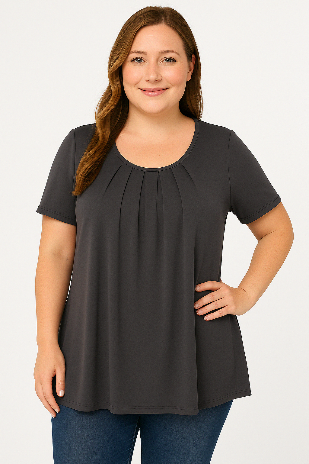 Linda Tunic – Pleated O-Neck Summer Top with Short Sleeves