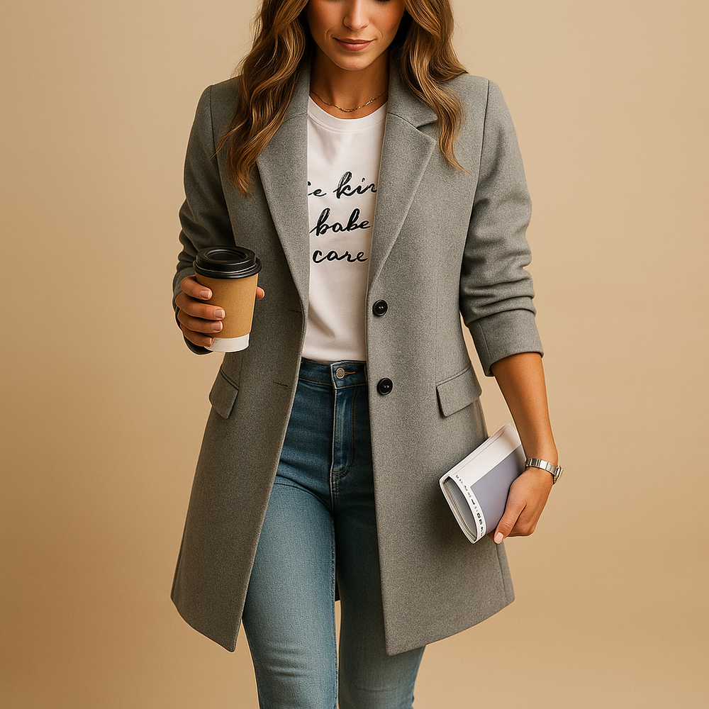 Clara Women’s Coat – Long Sleeve Button Front Wool Blend