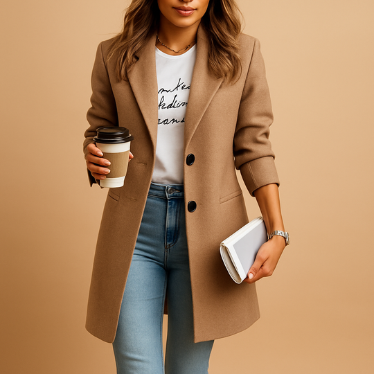 Clara Women’s Coat – Long Sleeve Button Front Wool Blend