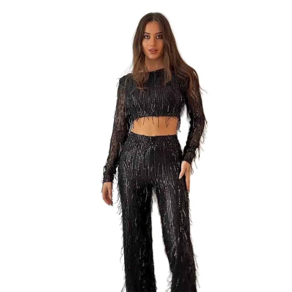 Jessy – Elegant Fringe Sequin Crop Top and Wide-Leg Pants Set