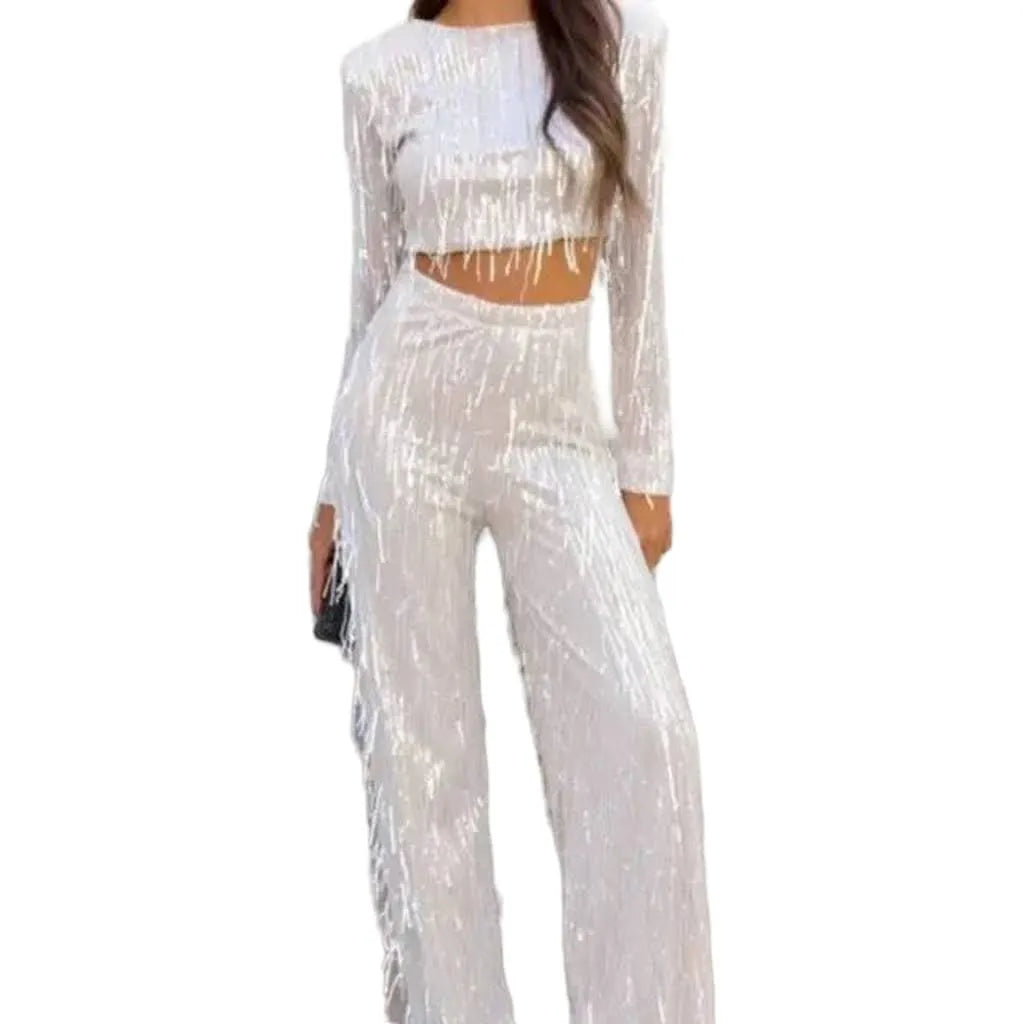 Jessy – Elegant Fringe Sequin Crop Top and Wide-Leg Pants Set