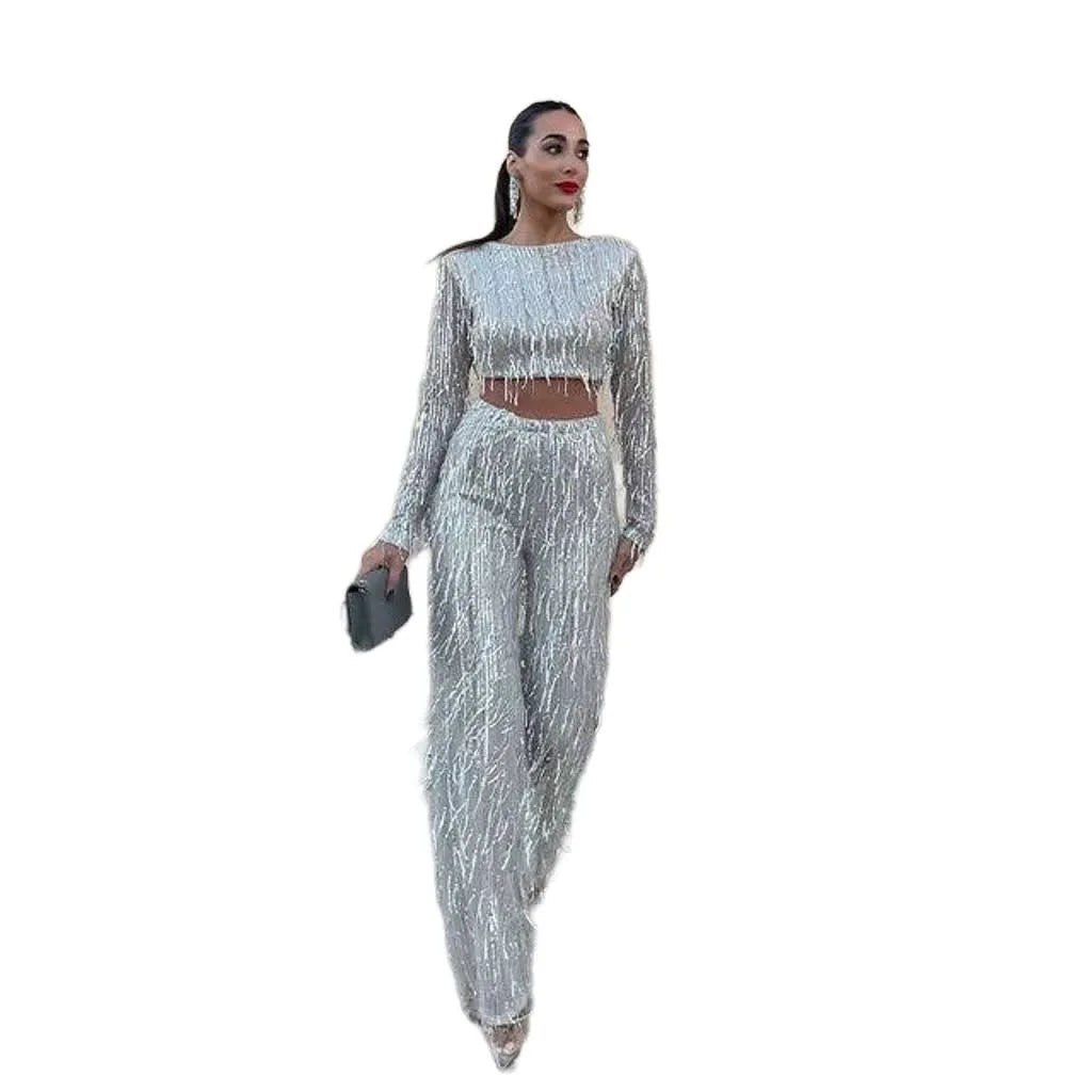 Jessy – Elegant Fringe Sequin Crop Top and Wide-Leg Pants Set