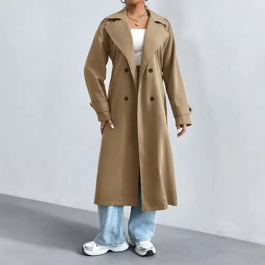 Sienna Women’s Long Trench Coat – Double Breasted Classic Overcoat