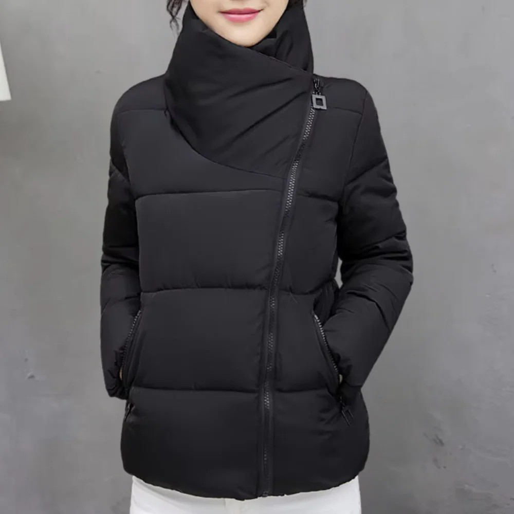 Women’s Short Puffer Jacket – Asymmetrical Zip Winter Coat