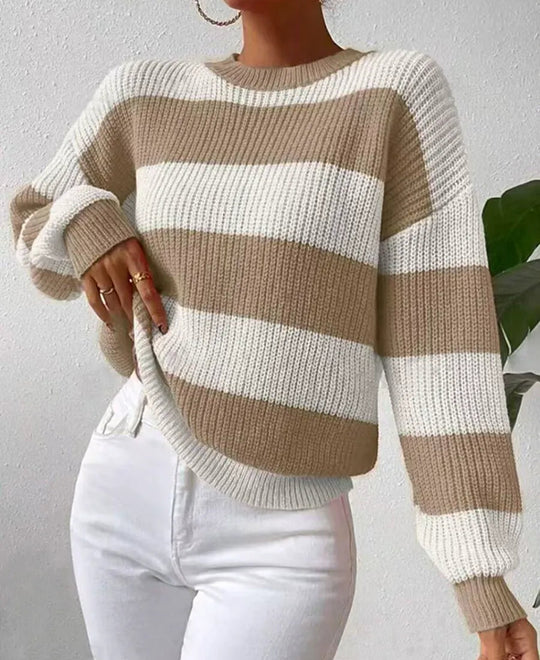 Elara Women’s Striped Knit Sweater – Long Sleeve Pullover
