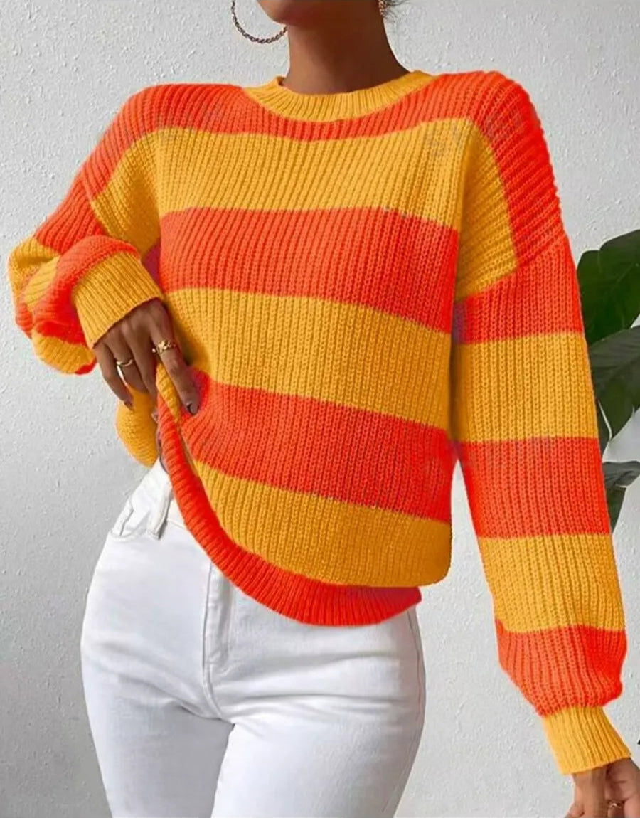 Elara Women’s Striped Knit Sweater – Long Sleeve Pullover