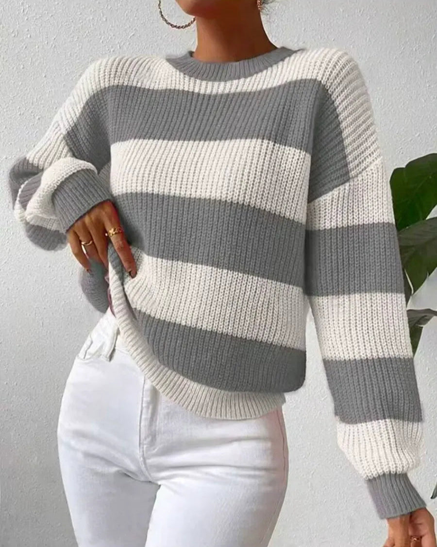 Elara Women’s Striped Knit Sweater – Long Sleeve Pullover