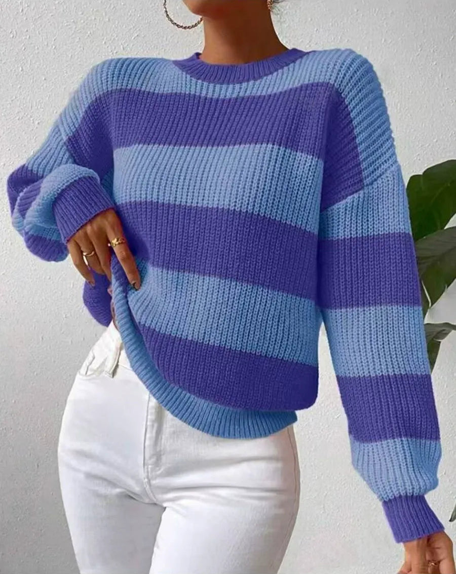 Elara Women’s Striped Knit Sweater – Long Sleeve Pullover