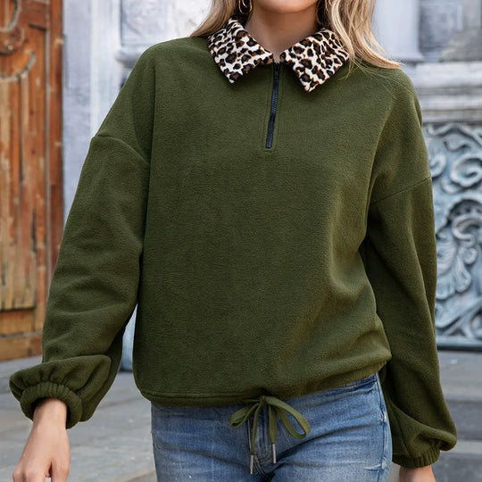 Elara Women’s Fleece Sweatshirt – Leopard Collar Half Zip Pullover