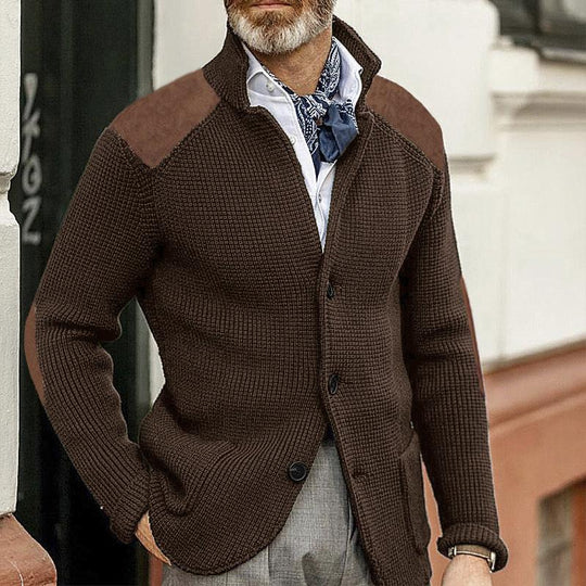 Harrison Men’s Knit Cardigan – Button-Up with Suede Details