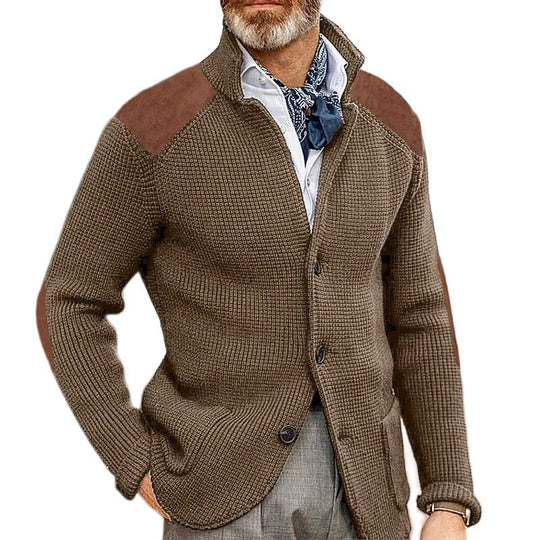 Harrison Men’s Knit Cardigan – Button-Up with Suede Details