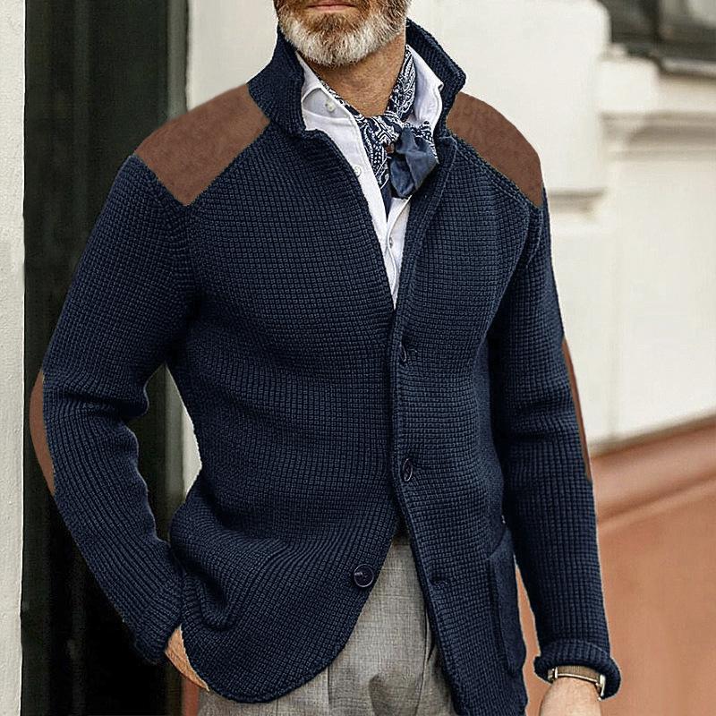Harrison Men’s Knit Cardigan – Button-Up with Suede Details