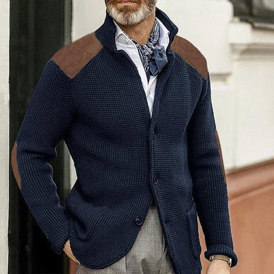 Harrison Men’s Knit Cardigan – Button-Up with Suede Details