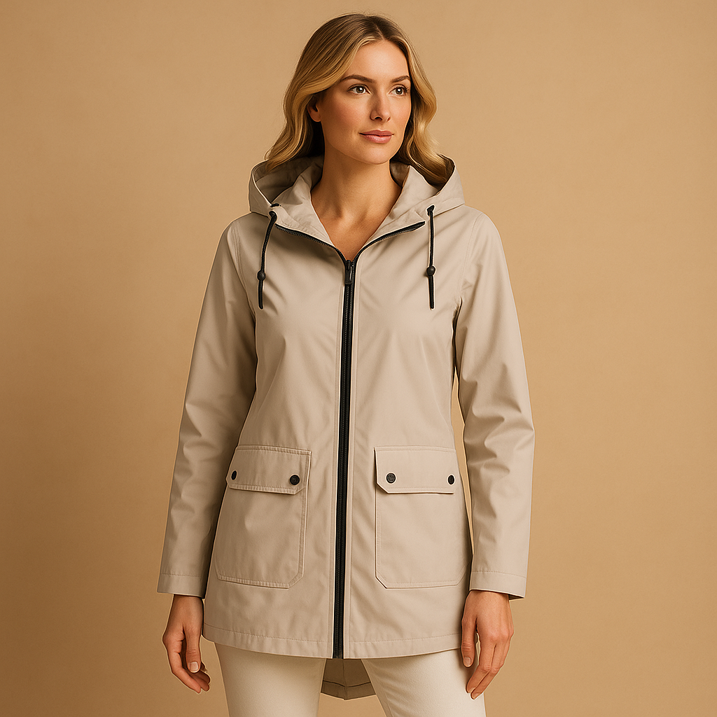 Woman wearing a beige raincoat on a beige background