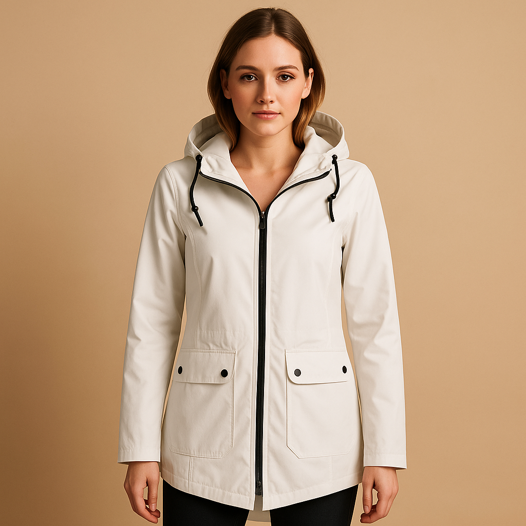 Woman wearing a white raincoat with a beige background