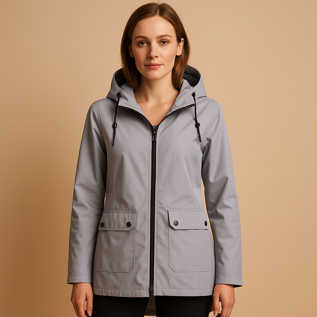 Woman wearing a gray raincoat against a beige background