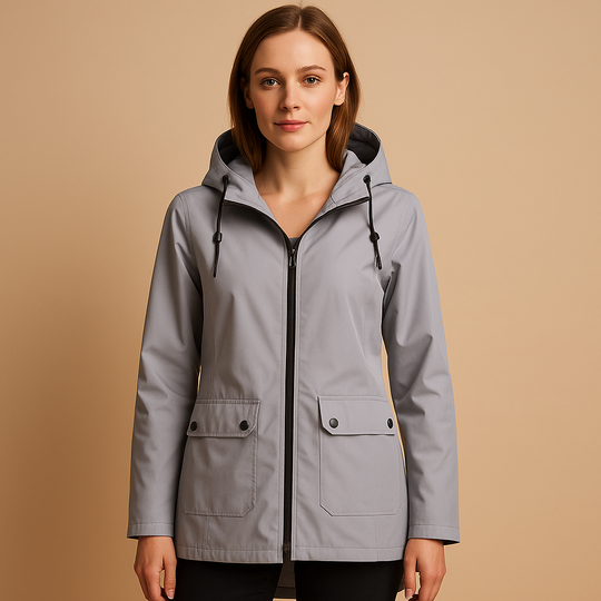 Woman wearing a gray raincoat against a beige background