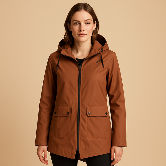 Woman wearing a brown raincoat on a beige background