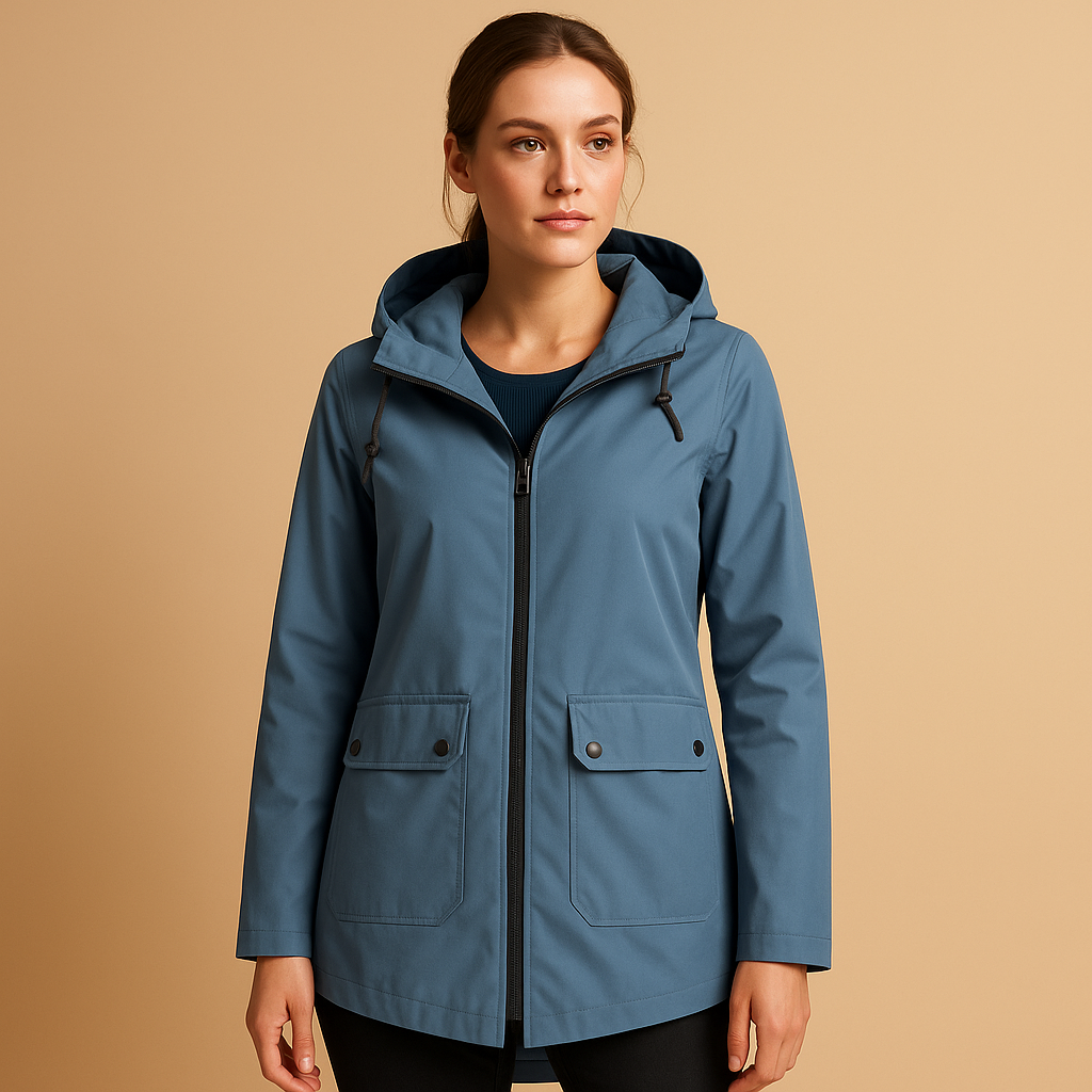 Woman wearing a blue raincoat against a beige background