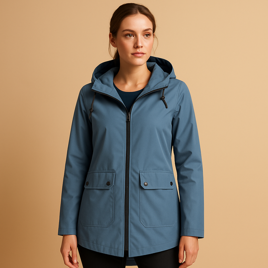 Woman wearing a blue raincoat against a beige background