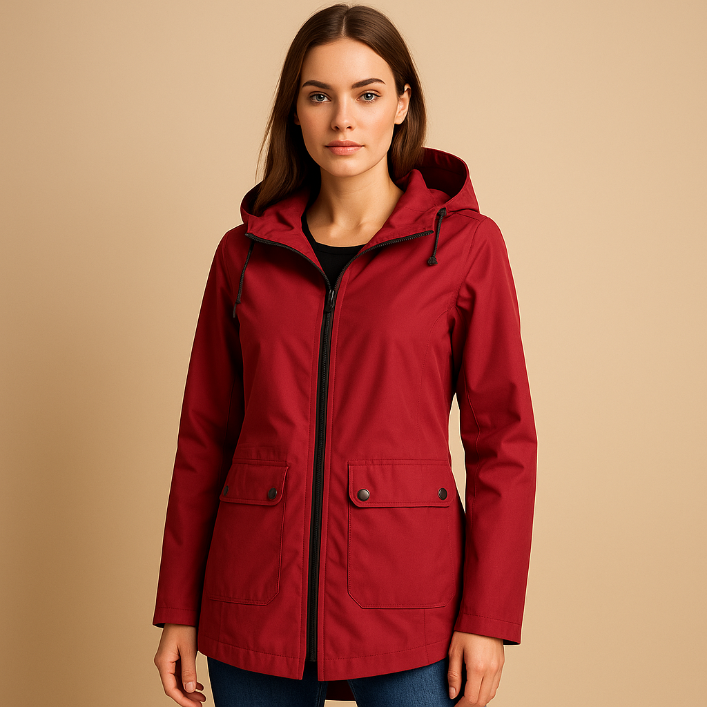 Woman wearing a red raincoat against a beige background