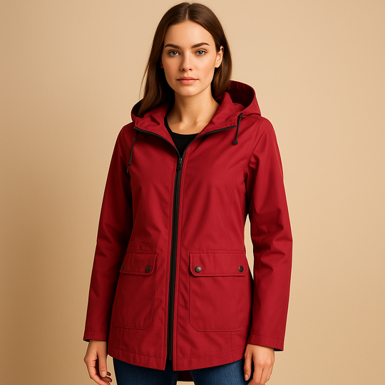 Woman wearing a red raincoat against a beige background