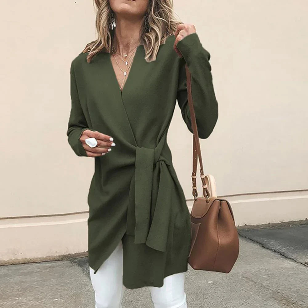 Lena Women’s Wrap Knit Tunic – Long Sleeve Belted Top
