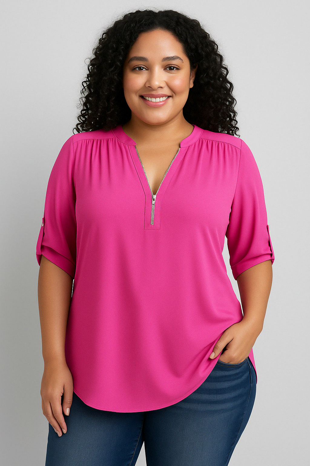 Caro Blouse – Chiffon Pullover with Deep V-Neck and Zipper Detail