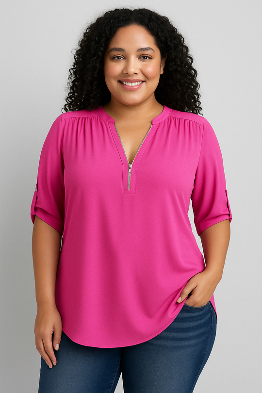 Caro Blouse – Chiffon Pullover with Deep V-Neck and Zipper Detail
