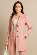 Woman wearing a pink trenchcoat with a beige background