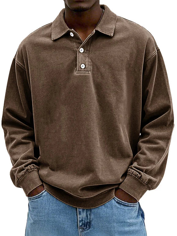 Brown long-sleeve polo shirt worn by a person on a white background