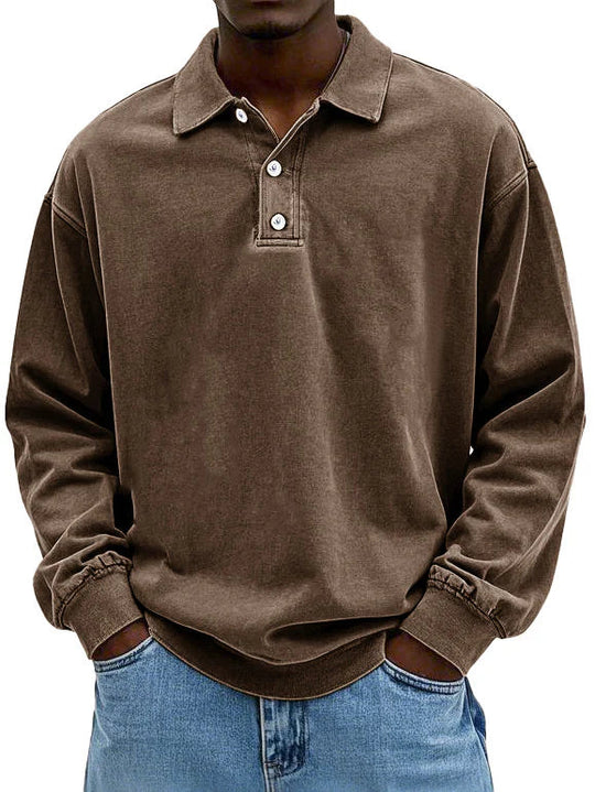 Brown long-sleeve polo shirt worn by a person on a white background