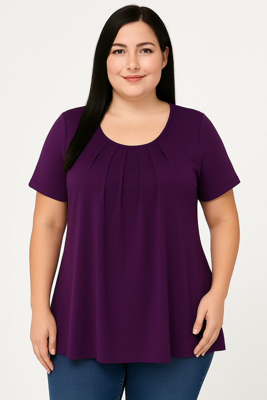 Linda Tunic – Pleated O-Neck Summer Top with Short Sleeves