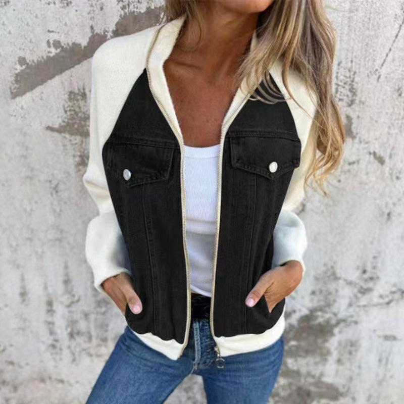 Nora Women’s Denim Jacket – Zip Front Knit Sleeve Contrast