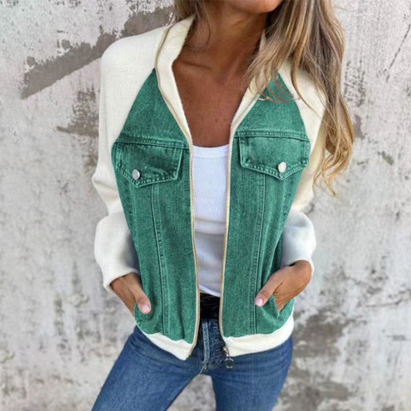 Nora Women’s Denim Jacket – Zip Front Knit Sleeve Contrast