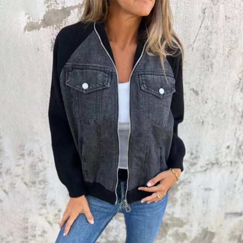 Nora Women’s Denim Jacket – Zip Front Knit Sleeve Contrast