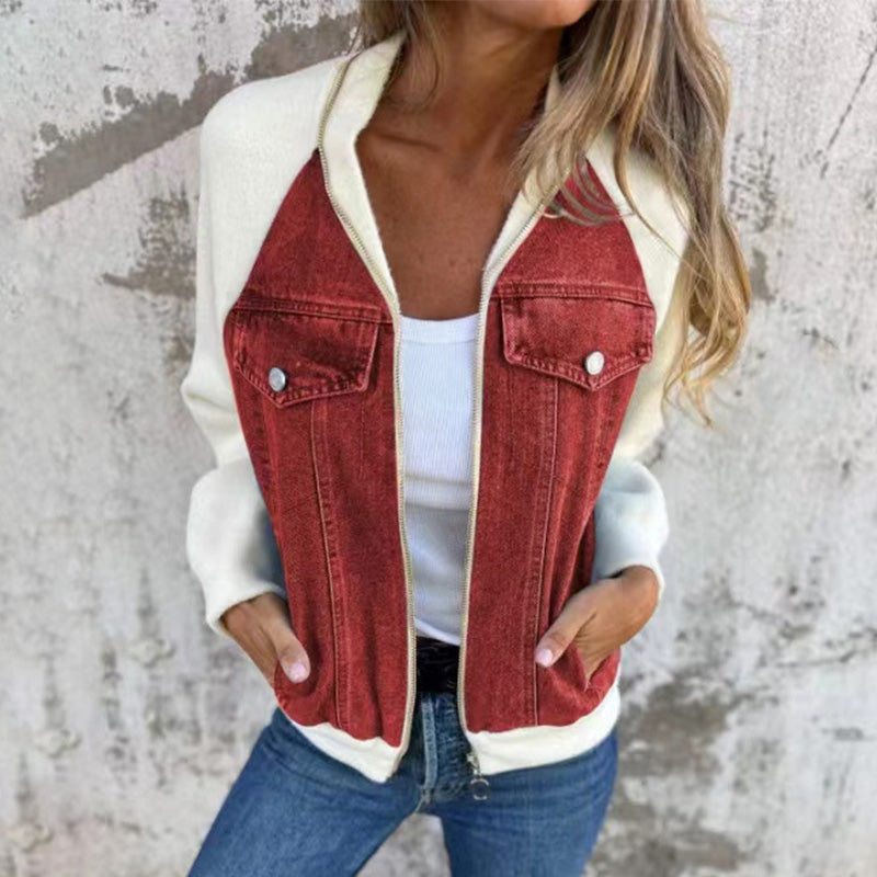 Nora Women’s Denim Jacket – Zip Front Knit Sleeve Contrast