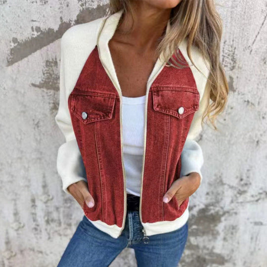 Nora Women’s Denim Jacket – Zip Front Knit Sleeve Contrast