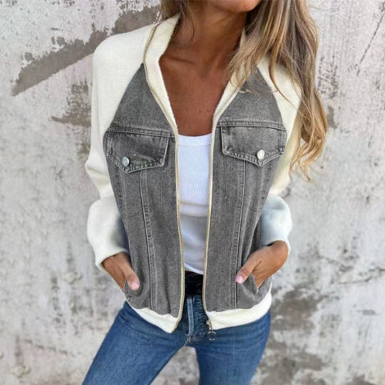 Nora Women’s Denim Jacket – Zip Front Knit Sleeve Contrast
