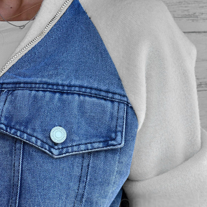 Nora Women’s Denim Jacket – Zip Front Knit Sleeve Contrast