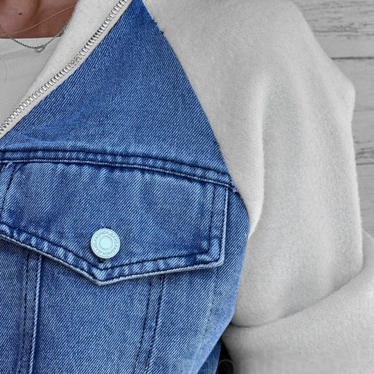 Nora Women’s Denim Jacket – Zip Front Knit Sleeve Contrast