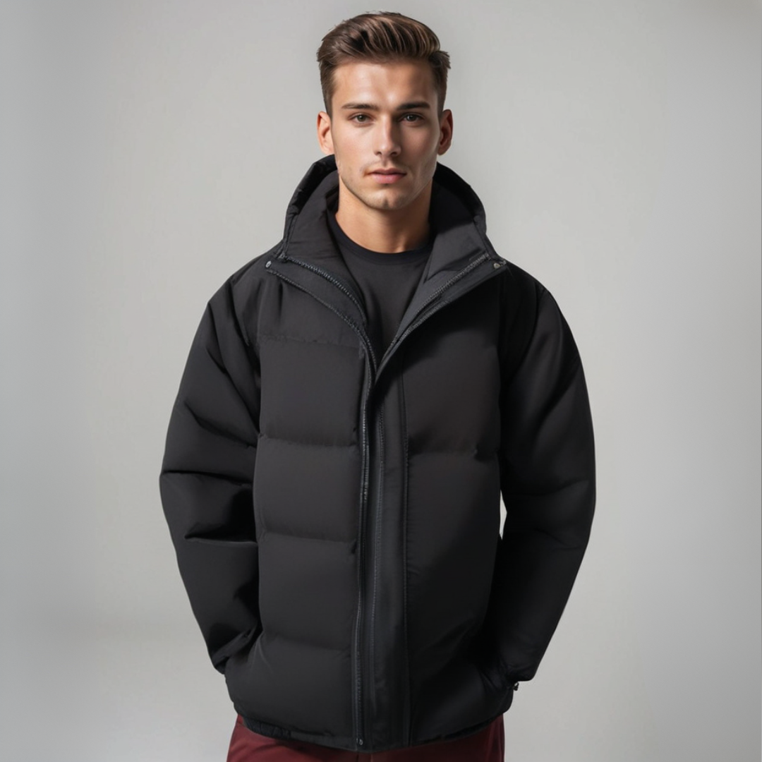 Man wearing a black puffer jacket against a gray background