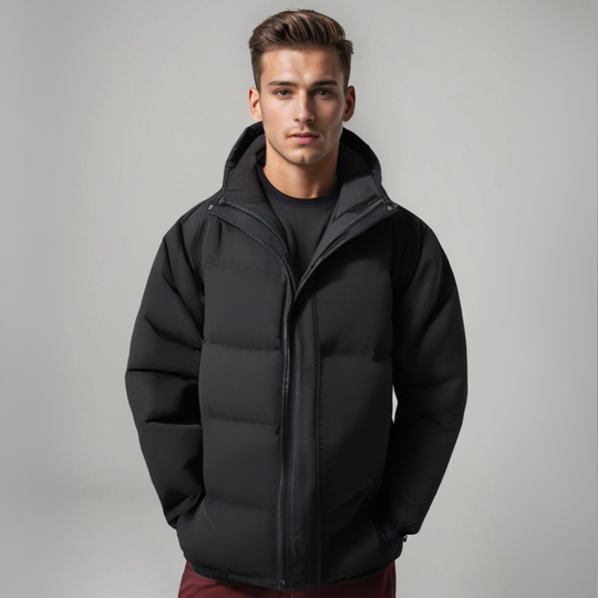 Man wearing a black puffer jacket against a gray background