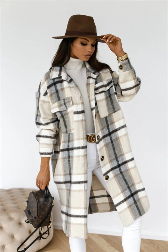 Sienna | Longline Plaid Coat with Button Closure