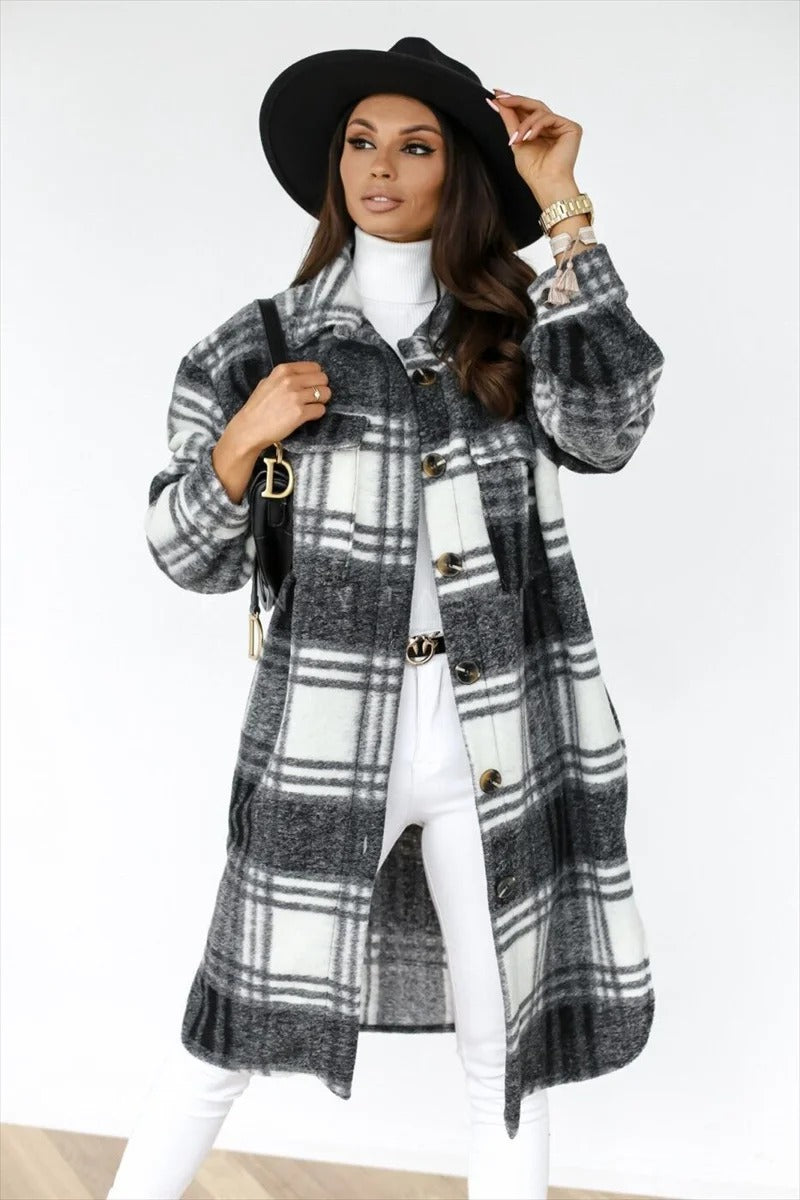 Sienna | Longline Plaid Coat with Button Closure