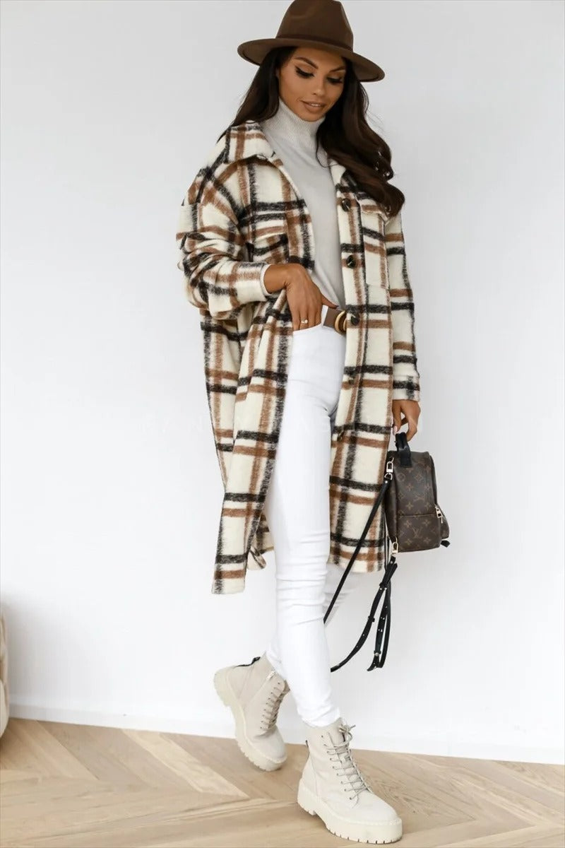Sienna | Longline Plaid Coat with Button Closure