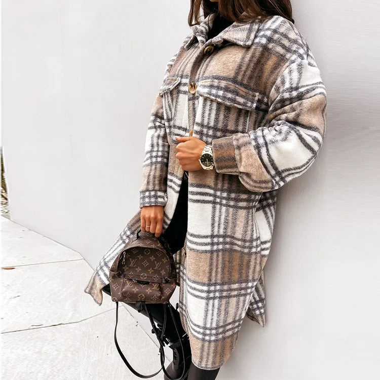 Sienna | Longline Plaid Coat with Button Closure