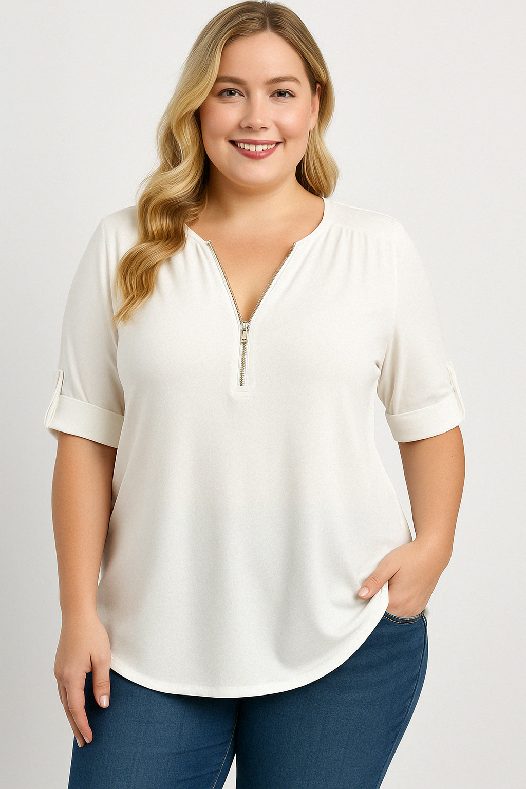 Caro Blouse – Chiffon Pullover with Deep V-Neck and Zipper Detail