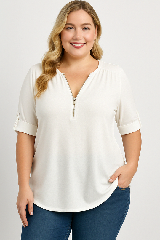 Caro Blouse – Chiffon Pullover with Deep V-Neck and Zipper Detail