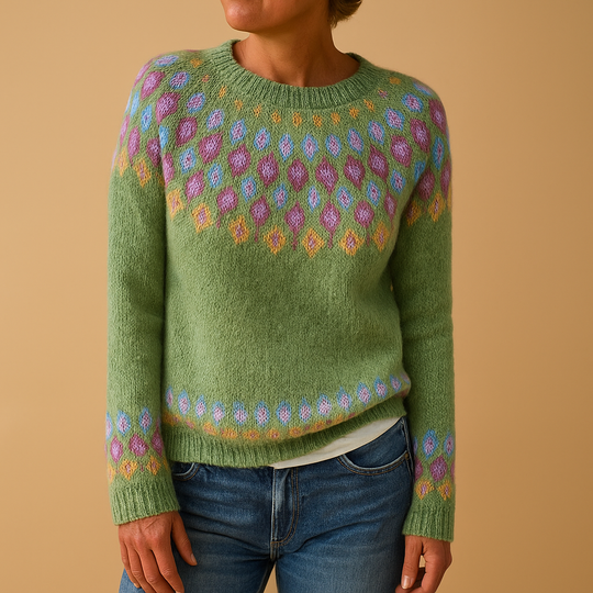 Selina Women’s Knit Sweater – Long Sleeve Crewneck Patterned Pullover